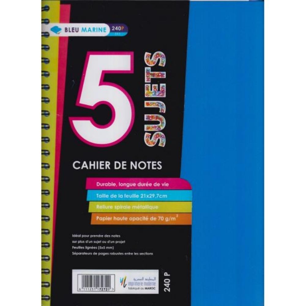 Registre Bleu Marine A4 5 Sujets
