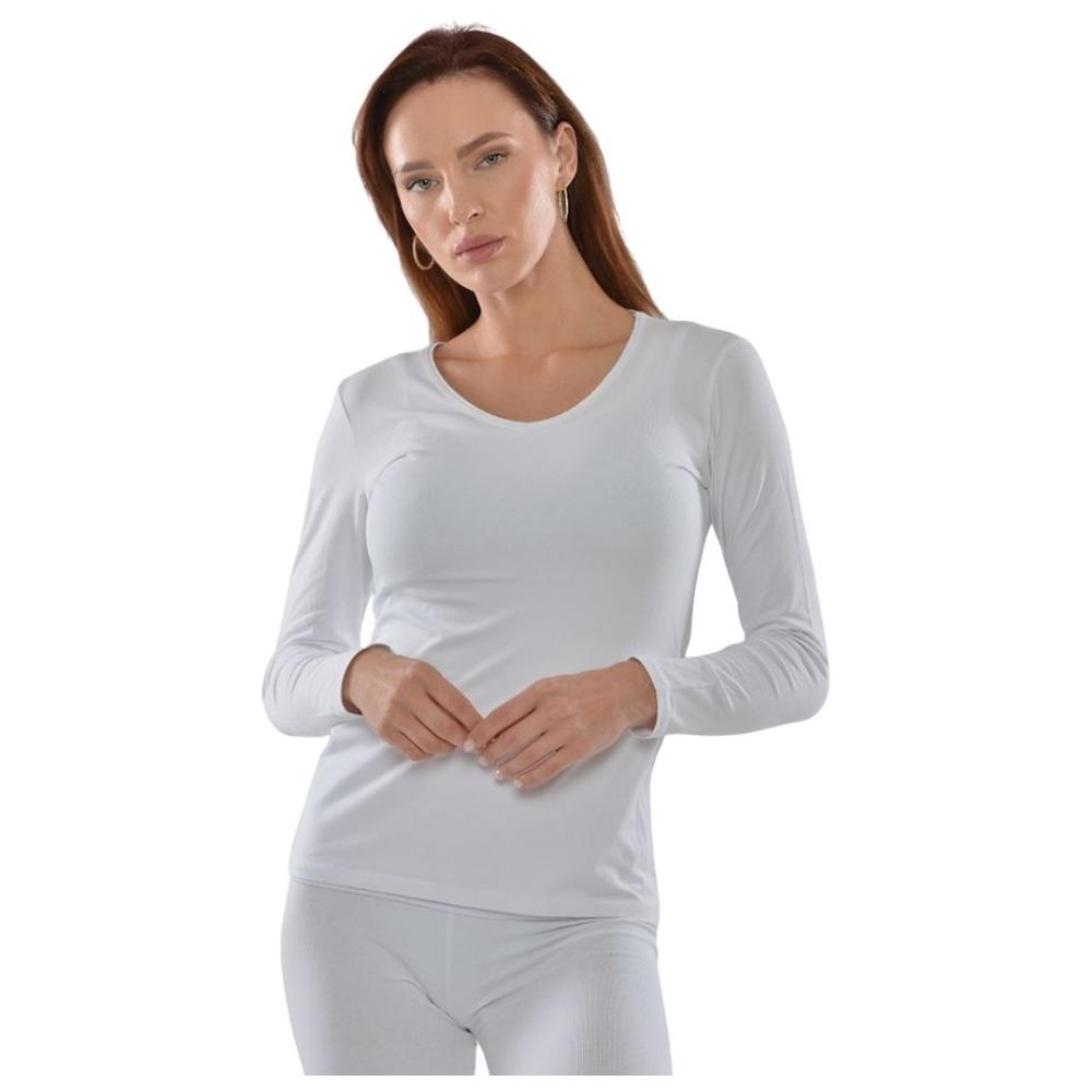 Pull Femme à Manches Longues Col V Blanc en Coton - Taille M