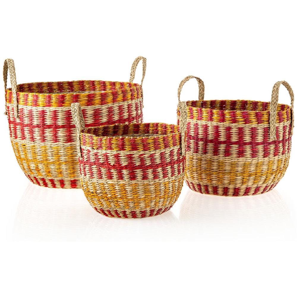 [711875] Set 3 Paniers Osier Anses Rouge/Jaune Kasa