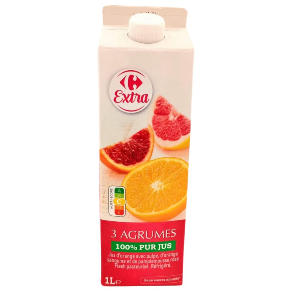 [704912] Pur jus de fruits 3 agrumes en brique Carrefour Extra 1L.