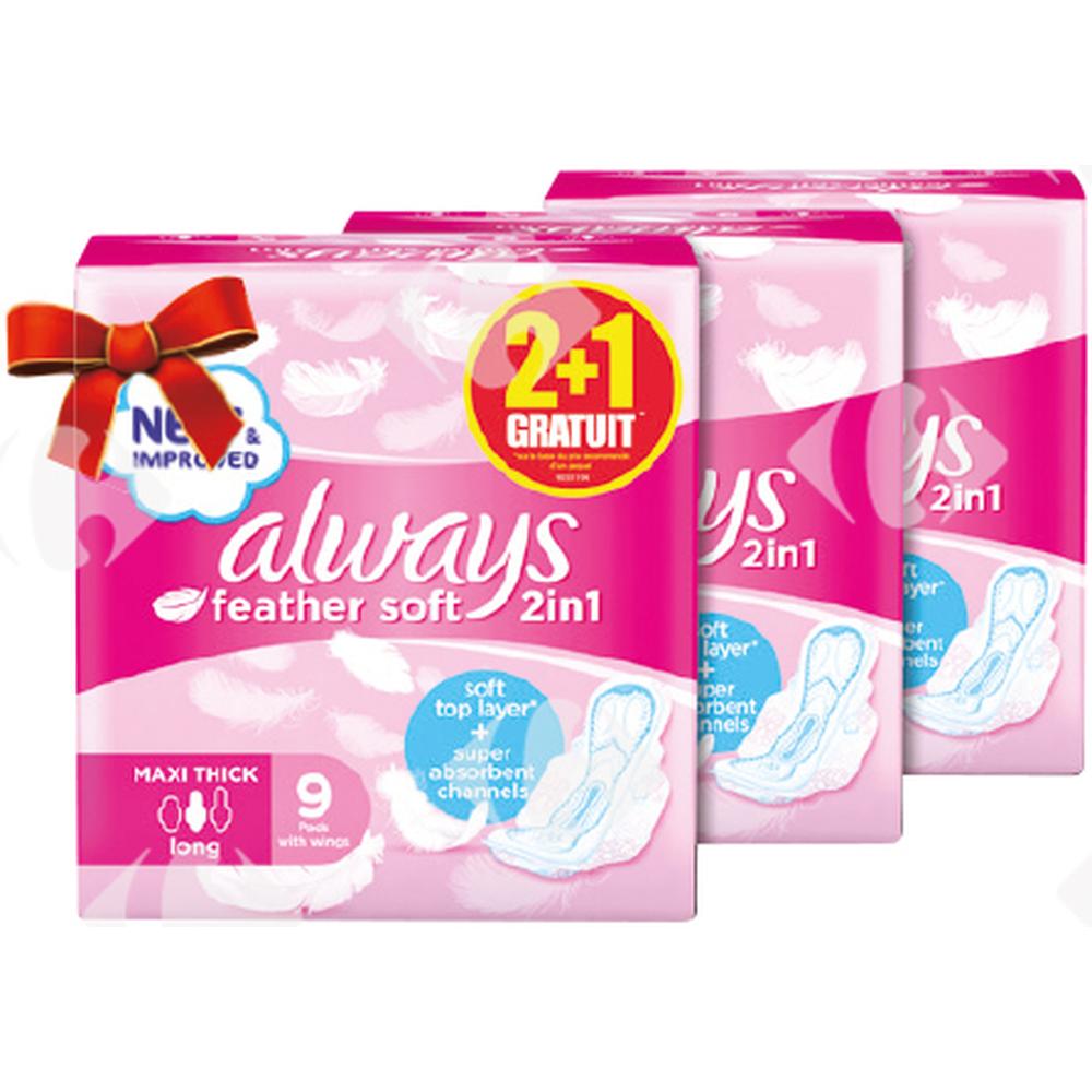 Pack de 2 serviettes hygiéniques épaisses Cotton T3 Always 9 unités + 1 serviette hygiénique épaisse Cotton T3 Always 9 unités Gratuite