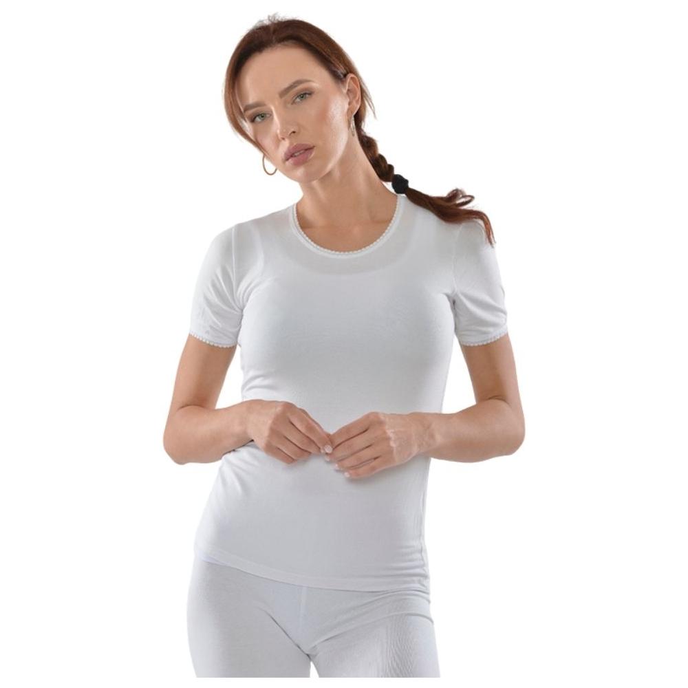 T-shirt Femme à Manches Courtes Col Rond avec Dentelle Blanc - Taille L