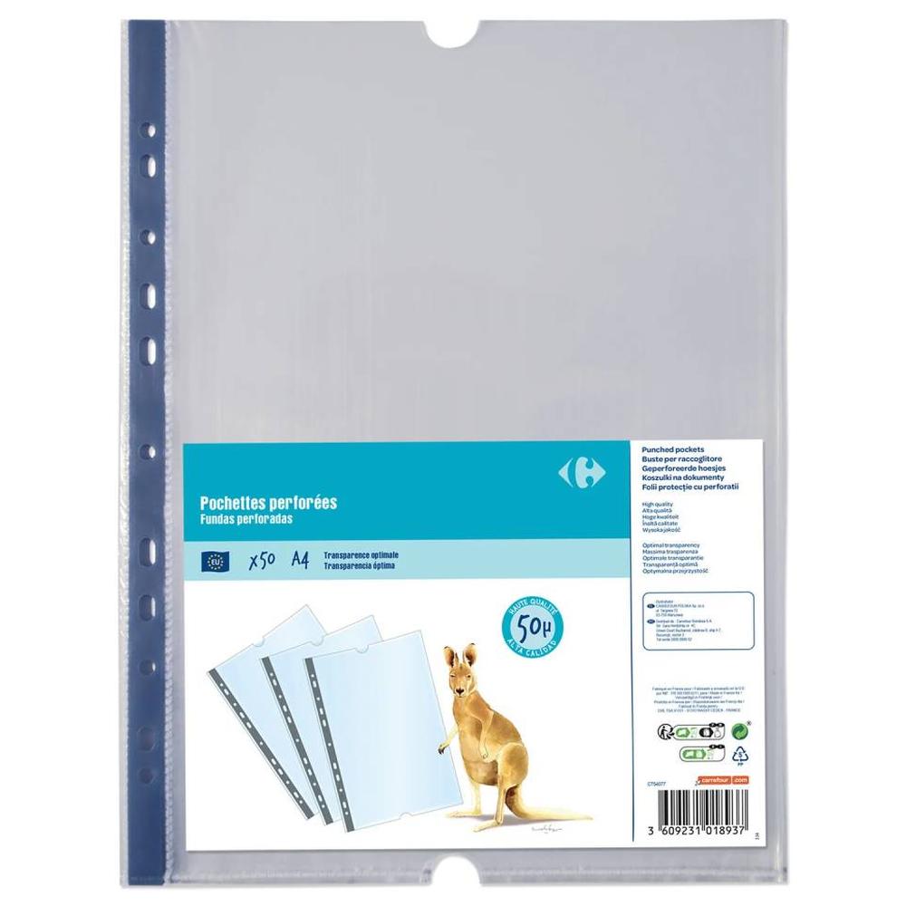 [555890] Pochettes perforées A4 Carrefour 50 unités