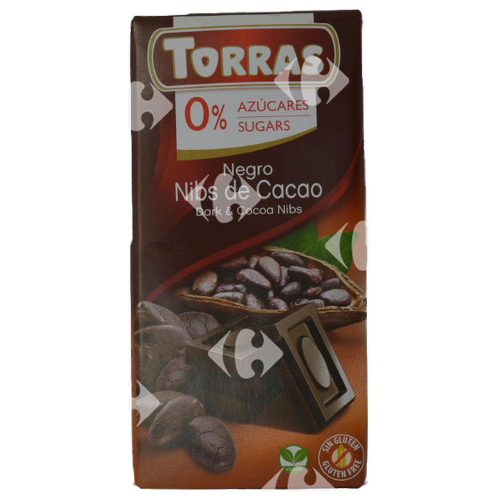 [654904] Tablette de Chocolat Noir Morceaux Cacao Sans Sucre Torras 75g