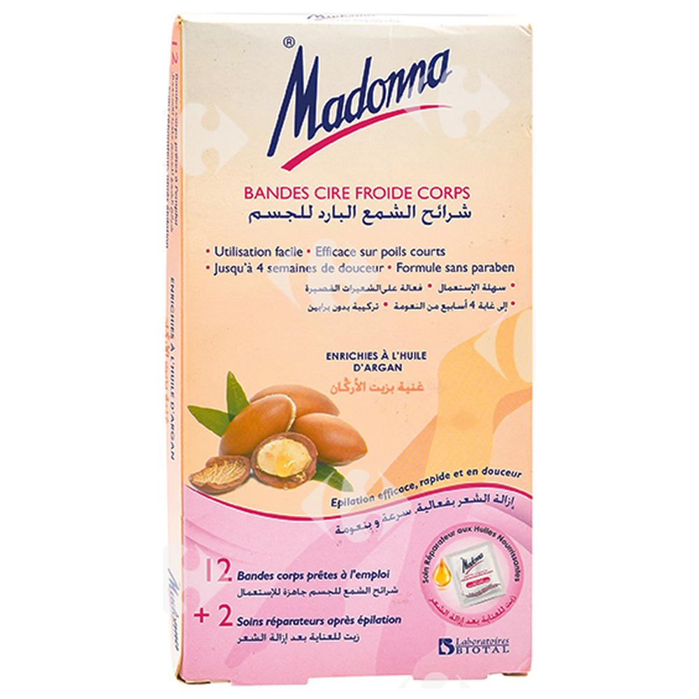 [636054] Bandes Dépilatoires Corps à l'Huile d'Argan Madonna 12 feuilles