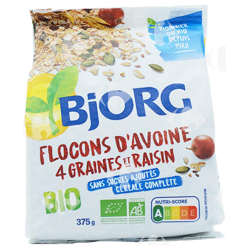 [560150] Flocons d'Avoine 4 Graines et Raisins Bio Sans Sucres Ajoutés Bjorg 375g