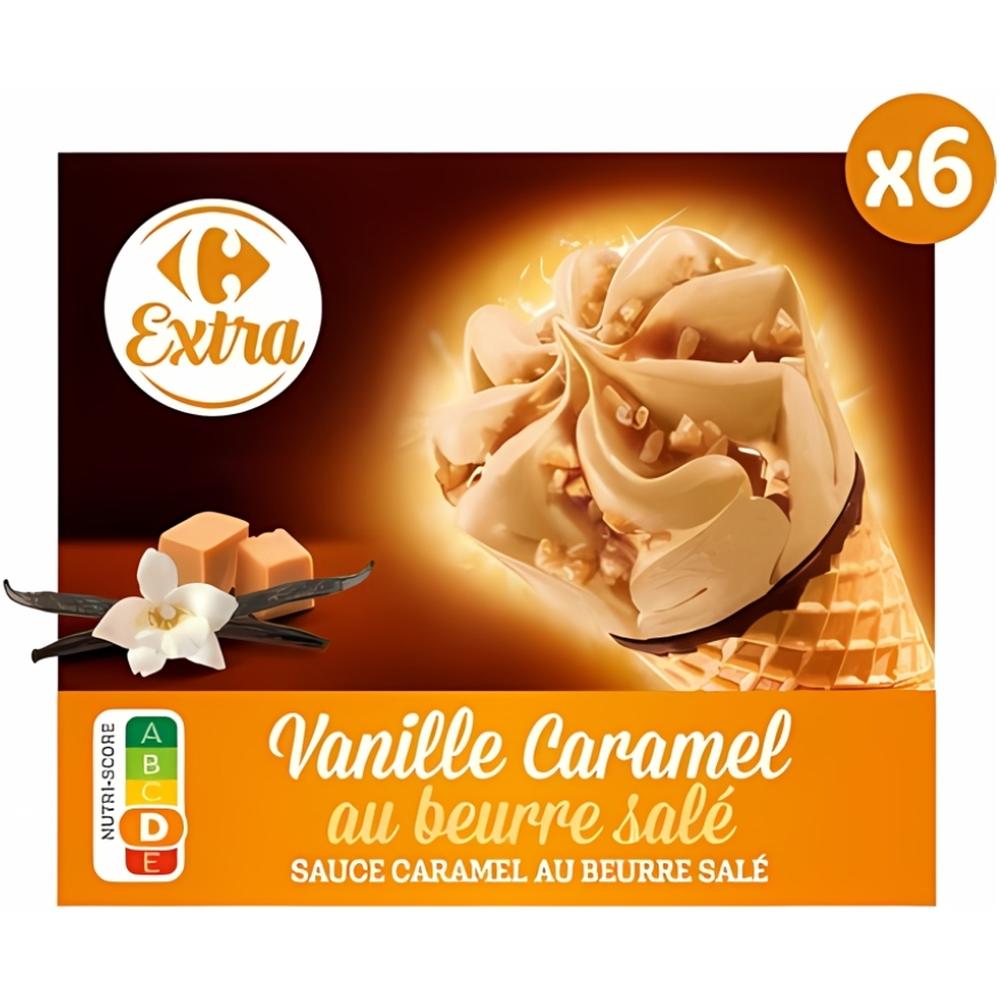 [645945] Cônes Glace Vanille Caramel au Beurre Salé Carrefour 6 unités 670ml