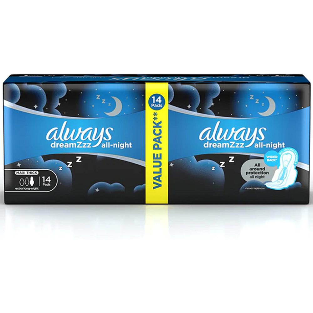 [656129] Serviettes Hygiéniques Dreamzzz All-night Maxi Thick Extra-Long Night Always 14 unités.