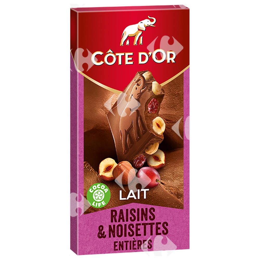 Tablette de Chocolat aux Raisins et Noisettes Entières Côte d'Or 180g.