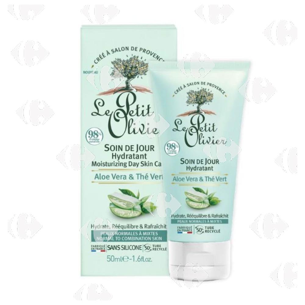Soin de Jour Hydratant Aloe Vera & Thé Vert Peaux Normales à Mixtes Le Petit Olivier 50ml.