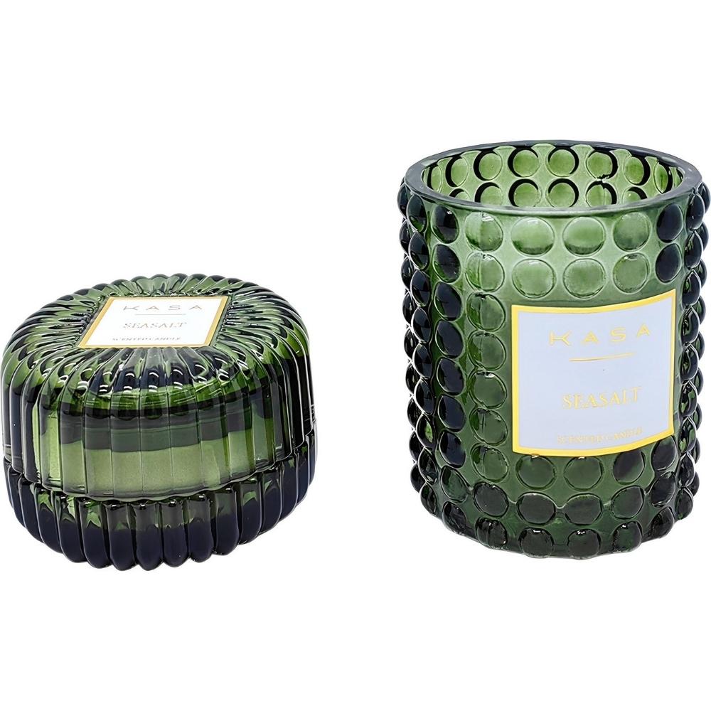 Lot de 2 Bougies en Verre Vert Sel de Mer Kasa 21 x 15 cm