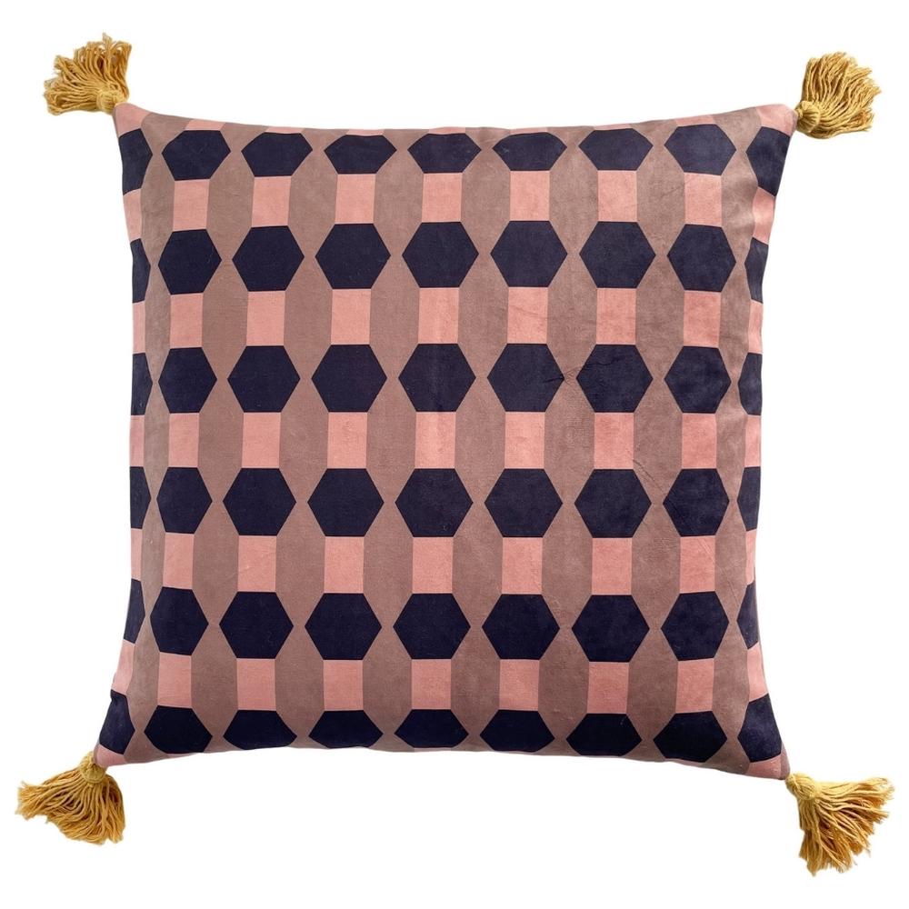 Coussin Carré Hexagones Bleu Pompons Kasa 45x45 cm