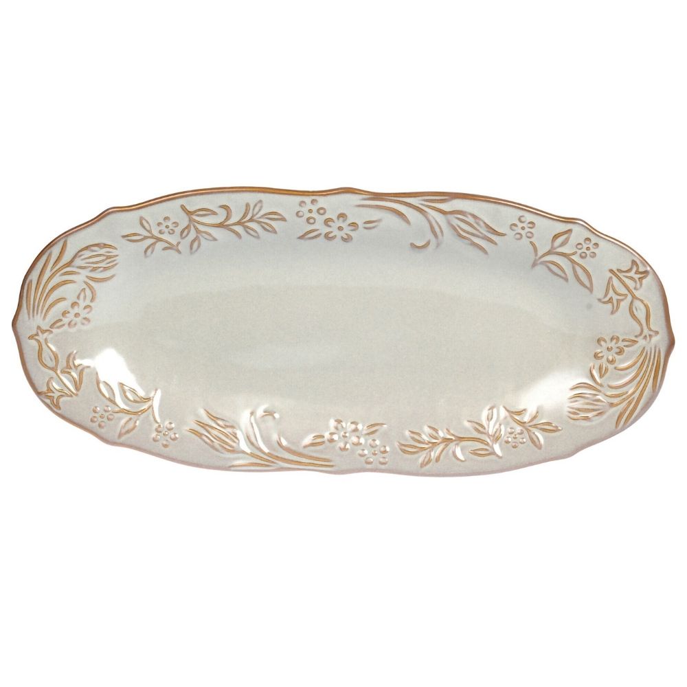 Plat Ovale Kasa en Porcelaine Grise Fleurs Relief 37cm