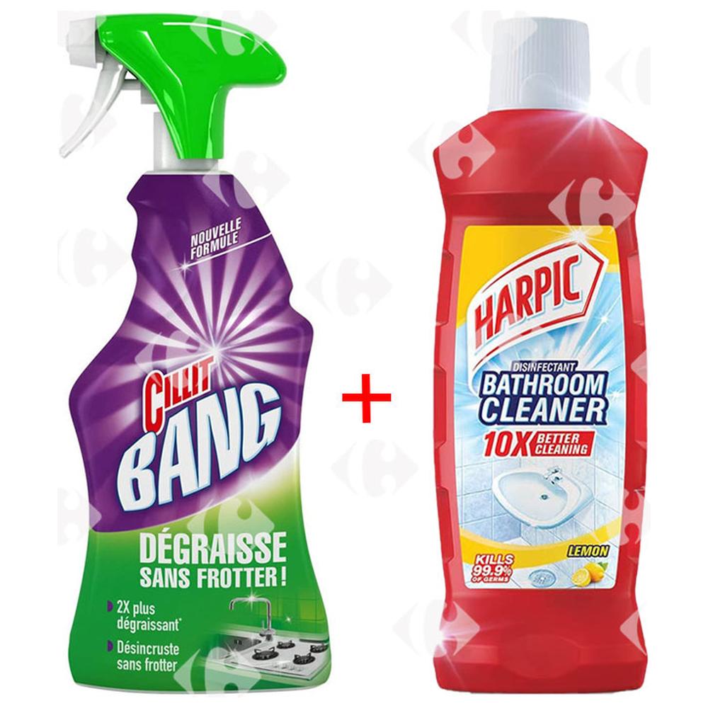 Spray Nettoyant Salle de Bain Citron Harpic 500ml + Spray Dégraissant Cillit Bang 750ml.