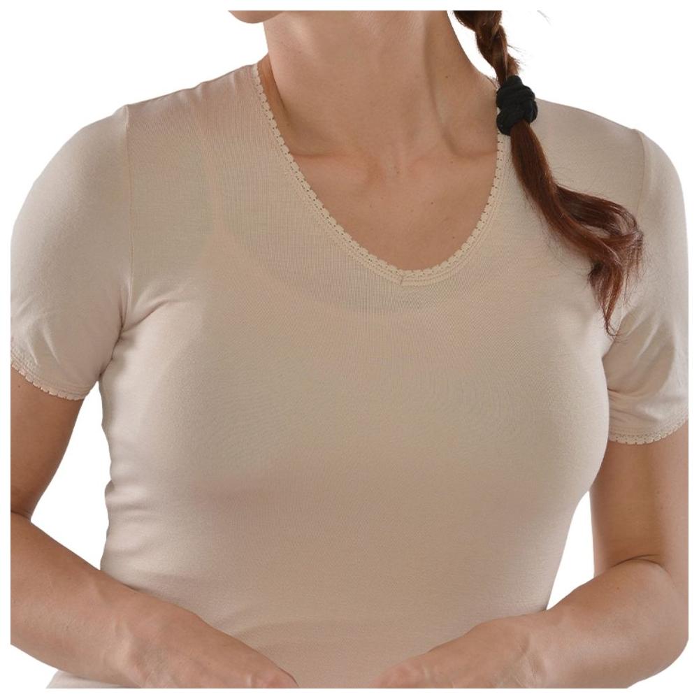 [674194] T-shirt Femme à Manches Courtes Col V avec Dentelle Beige - Taille L
