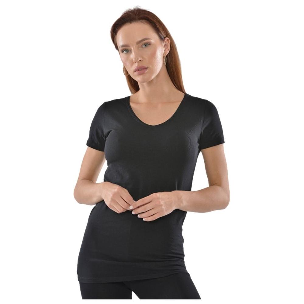 T-shirt Femme à Manches Courtes Col V Noir en Coton - Taille M