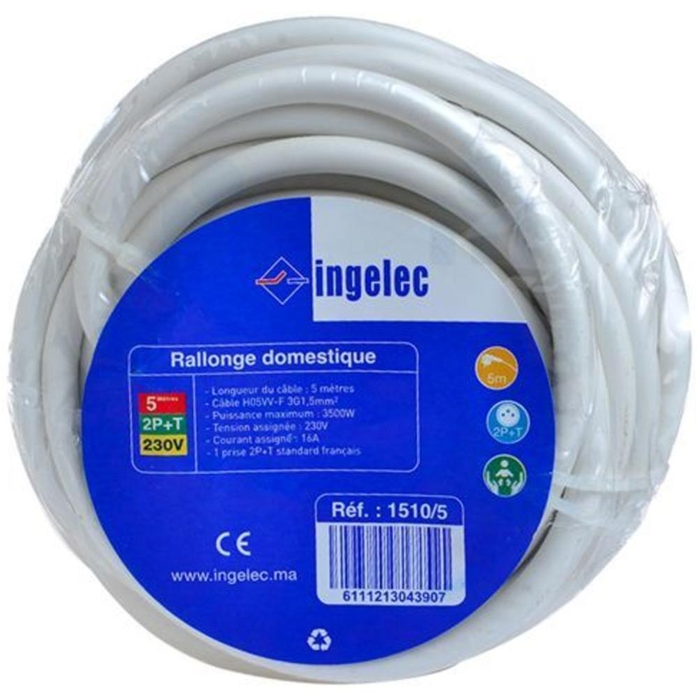 Rallonge Domestique Blanc 2 Pôles + Terre Ingelec 5 Mètres.