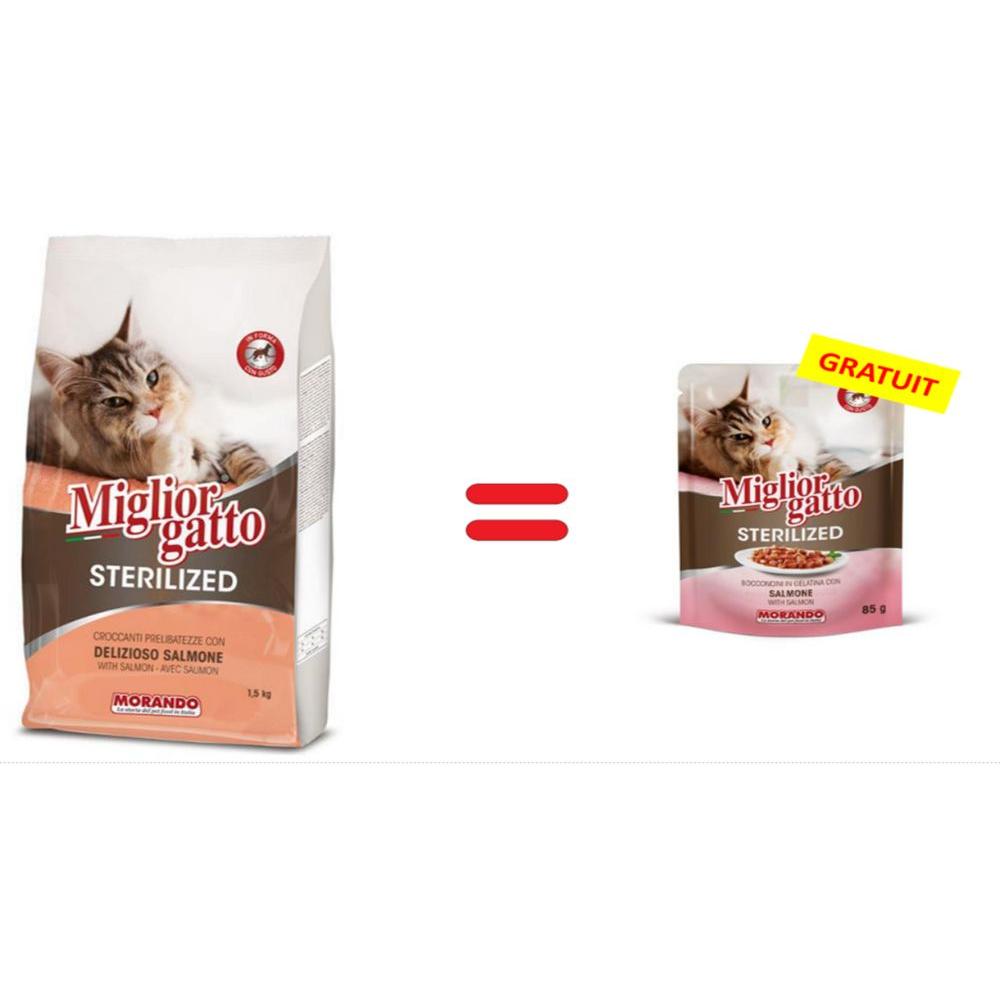 [720750] Croquettes pour Chat Stérilisé au Saumon 1,5kg + 1 Pochon Migliorgatto 85g Gratuit
