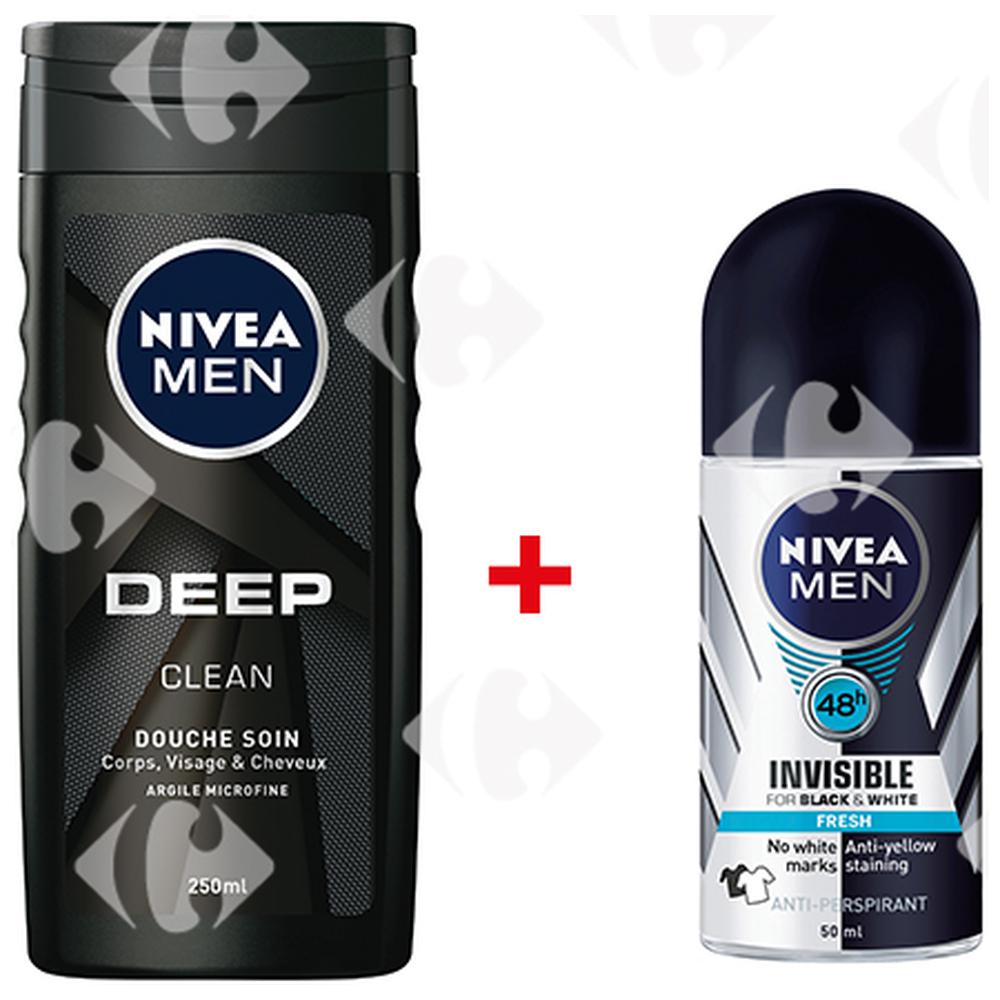 [670180] Déodorant Bille For Men Invisible For Black & White Power Nivea 50ml + Gel Douche Deep Clean Nivea250ml