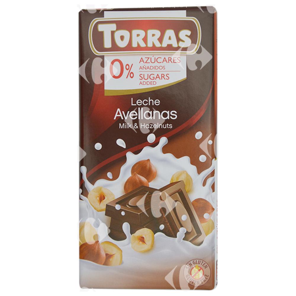 Tablette de Chocolat au Lait aux Noisettes Sans Sucre Torras 75g