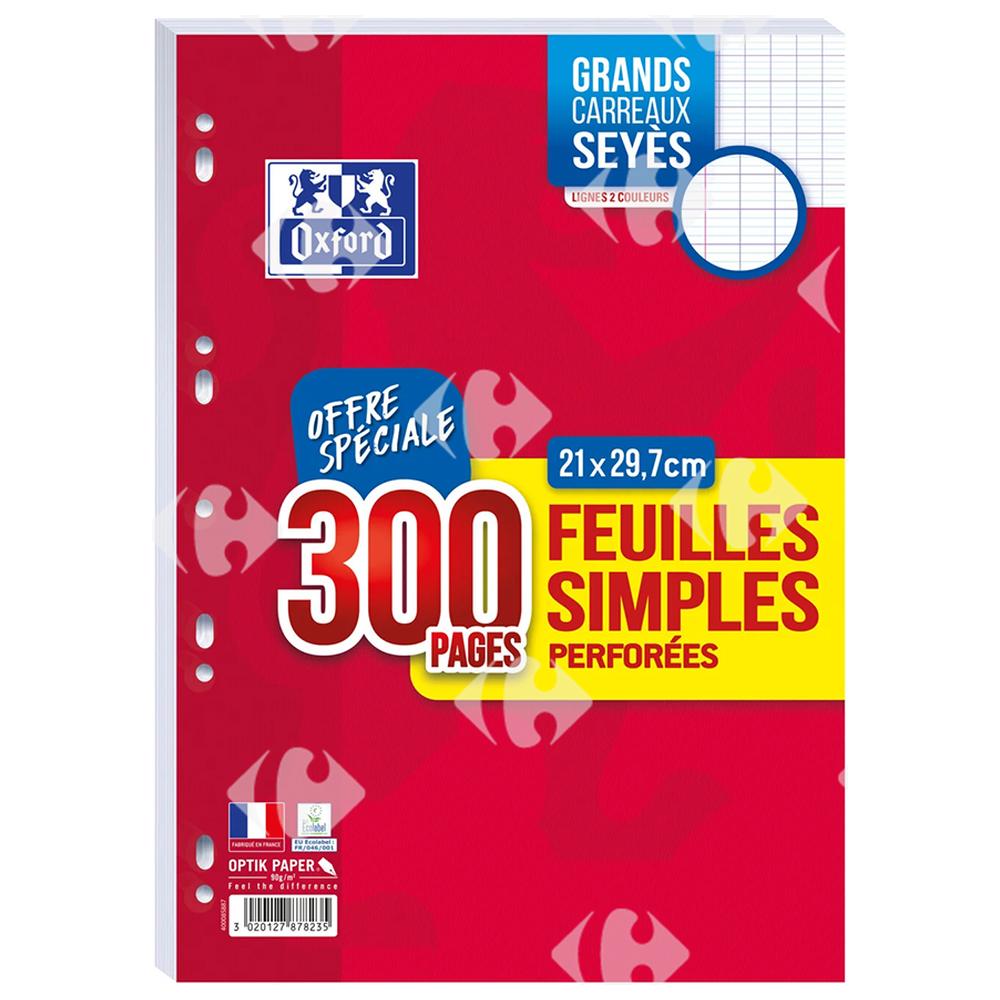 [210857] Feuille Simple Perforée 21x297cm Grands Carreaux Oxford 300 Feuilles