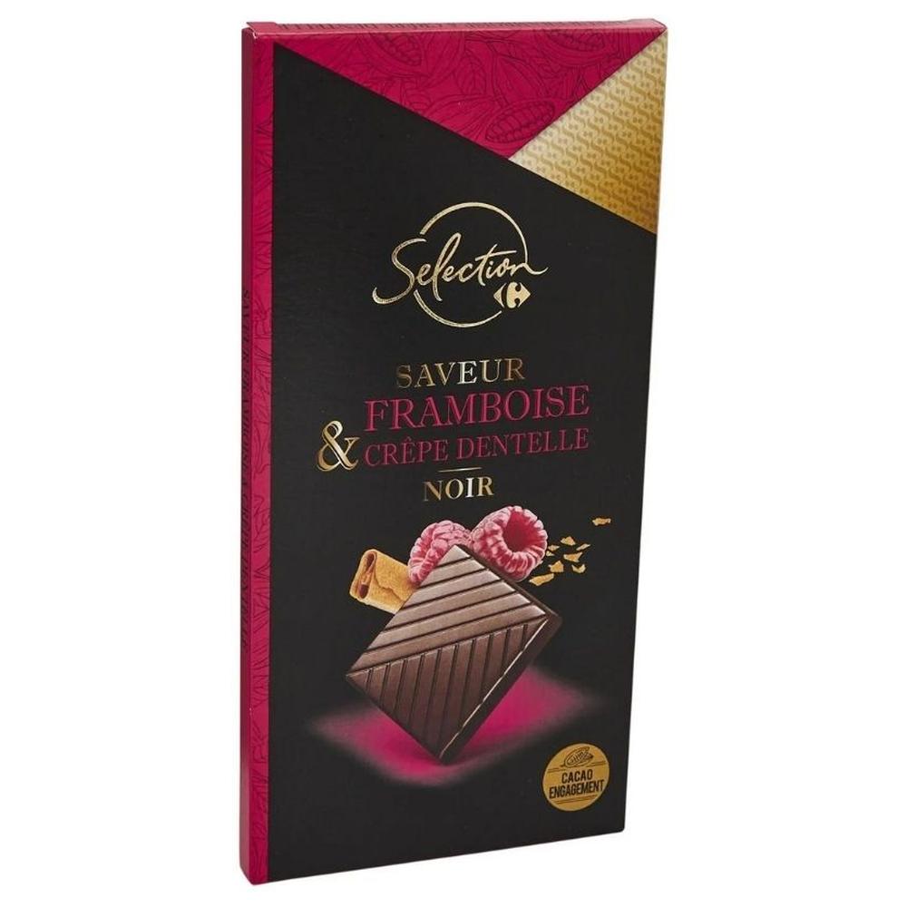 [704627] Tablette de Chocolat Noir Framboise Crêpe Dentelle Carrefour Selection 100g