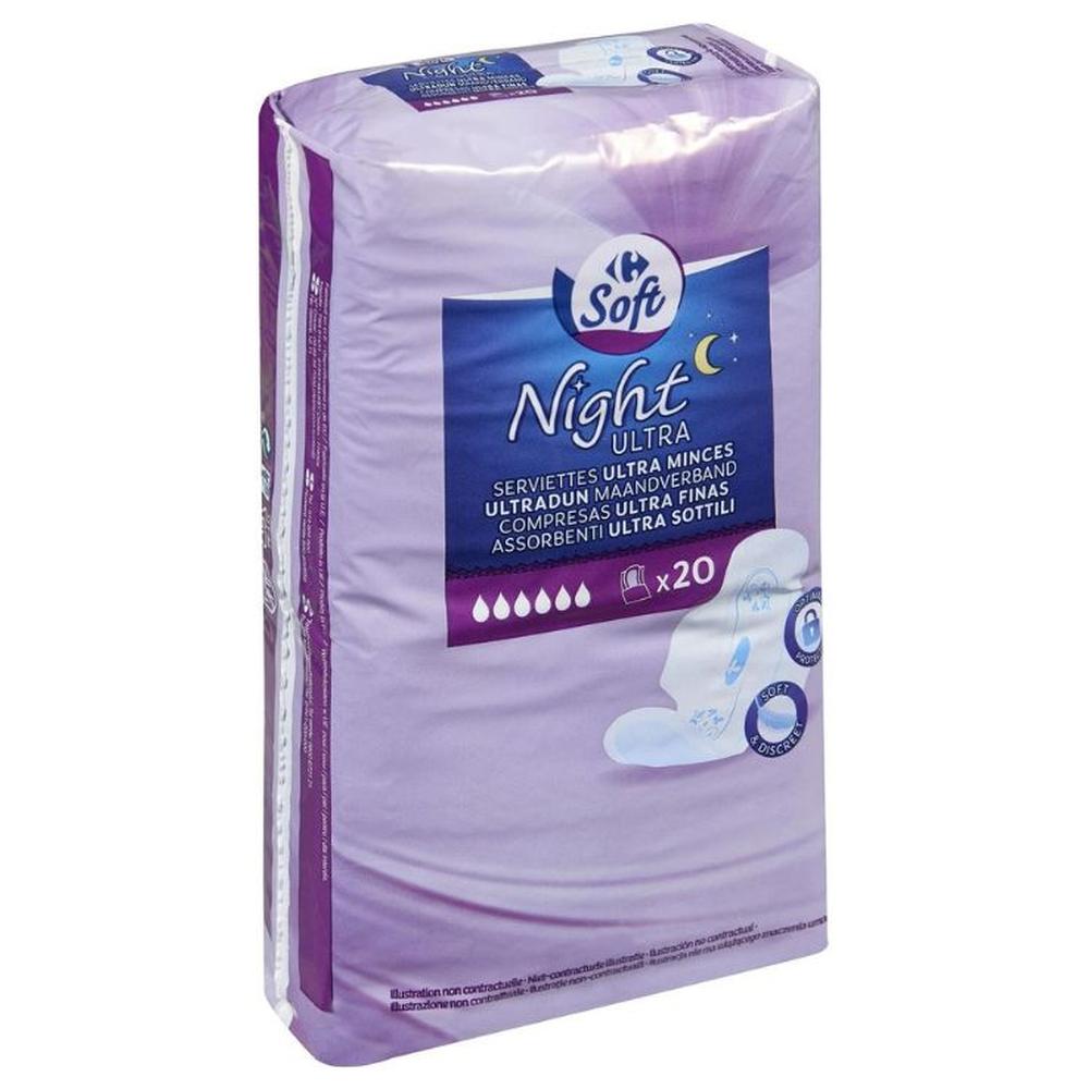 [530852] Serviettes Hygiéniques Night Carrefour Soft 20 unités
