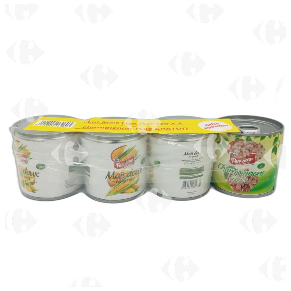 Lot Mais Tripack Five Star 3x150g + Champignons Five Star 150g Gratuit.