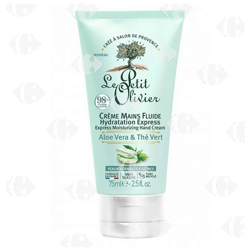 [668525] Crème Mains Fluide Aloe Vera & Thé Vert Hydratation Express Peaux Normales à Sèches Le Petit Olivier 75ml.