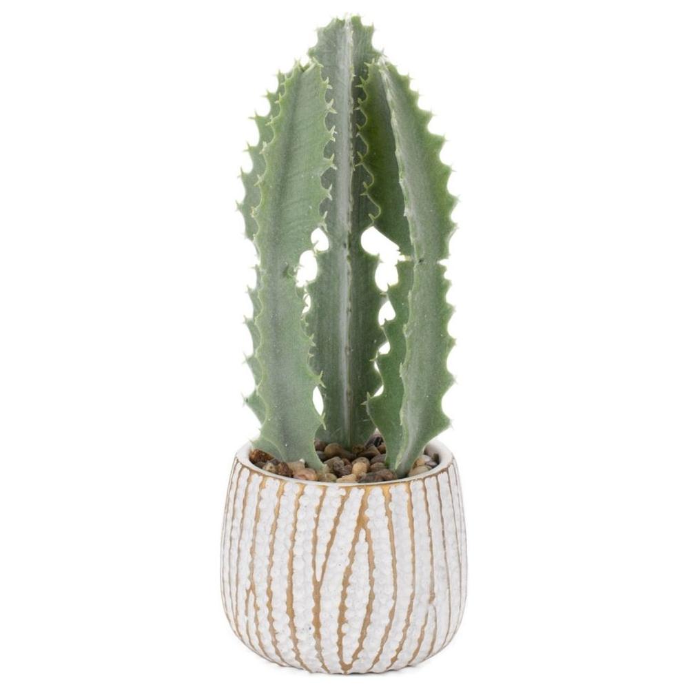 [716632] Pot Ciment Blanc avec Plante Artificielle Cactus Kasa