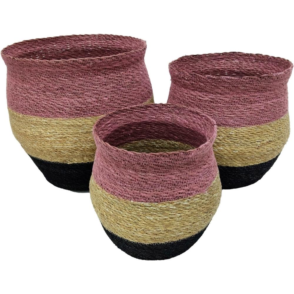 Set de 3 Paniers à Bandes Rose/Jaune/Bleue Jute Kasa