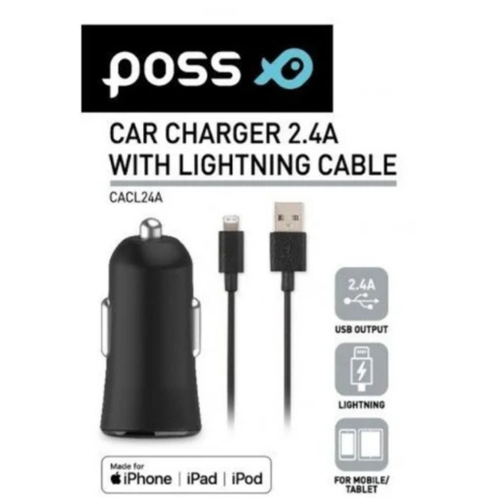 Chargeur de Voiture Allume-cigarette USB Noir + Câble Lightning Poss 2.4A 90x195x10mm