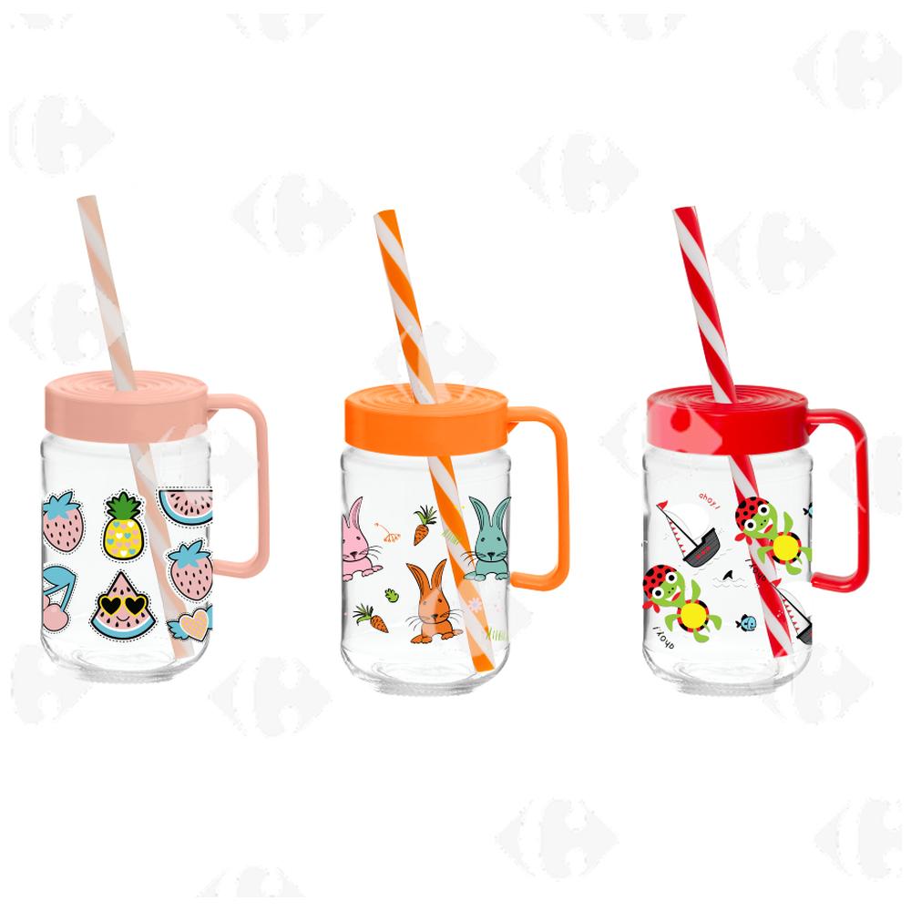 [698712] Mug en Verre Décorée avec Couvercle et Paille 0,37L