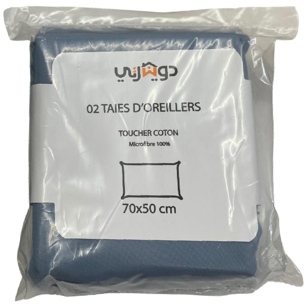 Pack 2 Taies d'Oreiller Microfibre Unies Bleu Jean 70x50cm