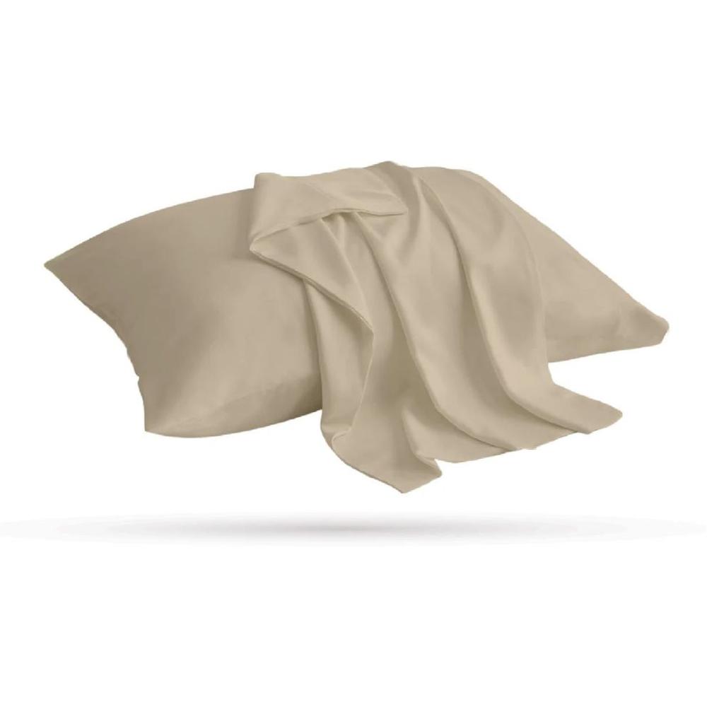 [699165] Pack 2 Taies d'Oreiller Microfibre Unies Beige Sable 70x50cm