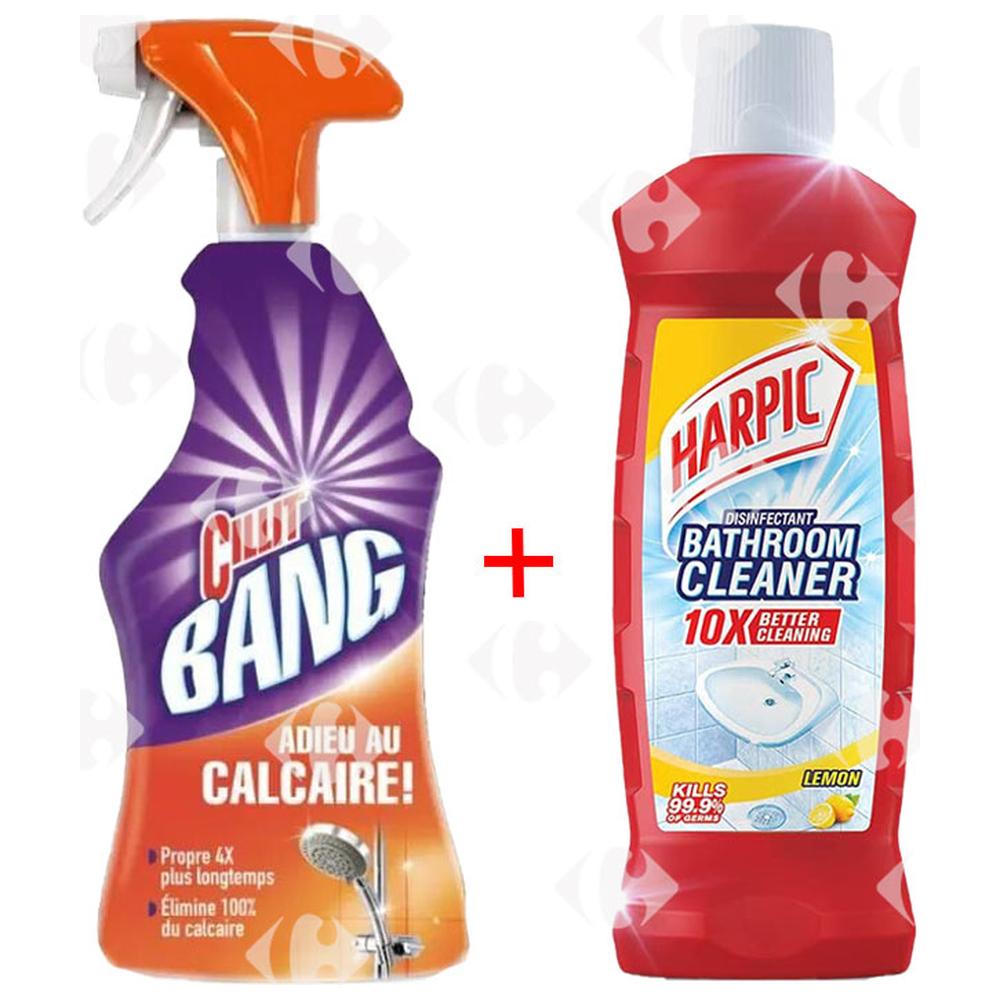 [683645] Spray Nettoyant Salle de Bain Citron Harpic 500ml + Spray Anti-Calcaire Cillit Bang 750ml