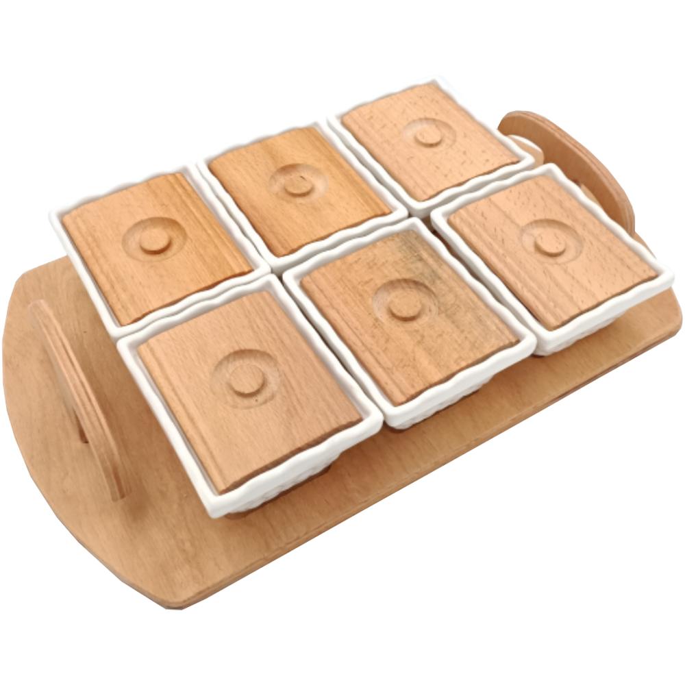 [663622] Ensemble Petit Déjeuner avec Plateau en Bois 6 pièces.