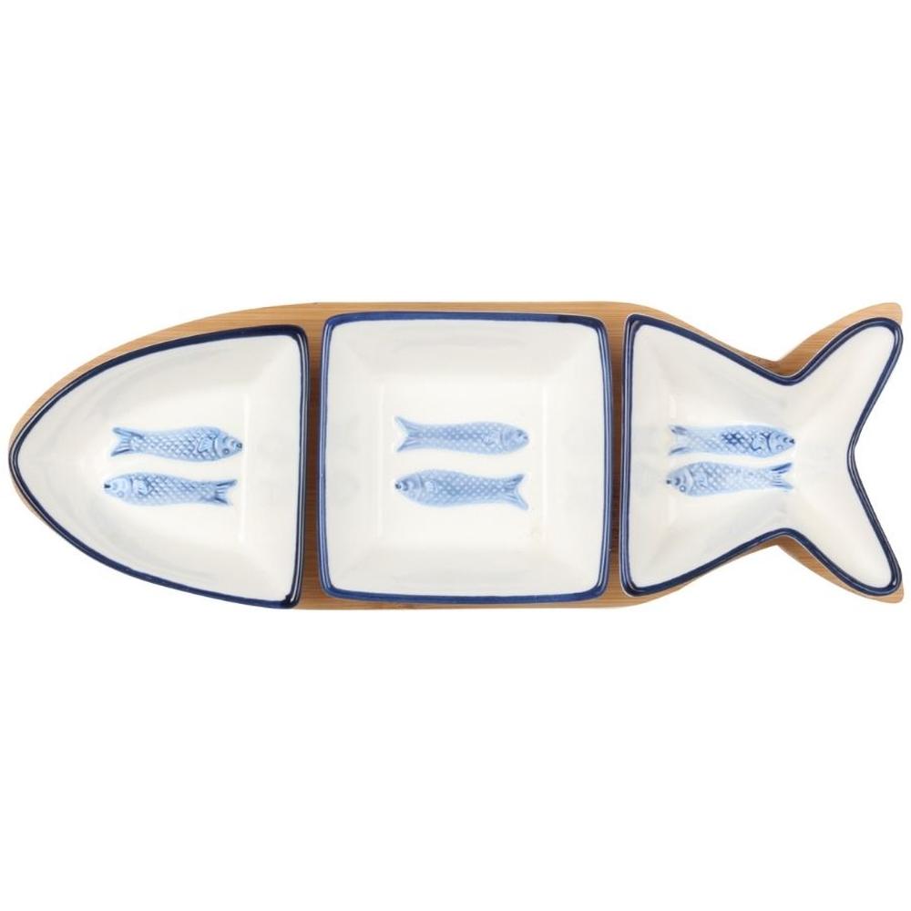 [716987] Coupelle en Porcelaine Poisson avec Support en Bois Kasa 4Pièces