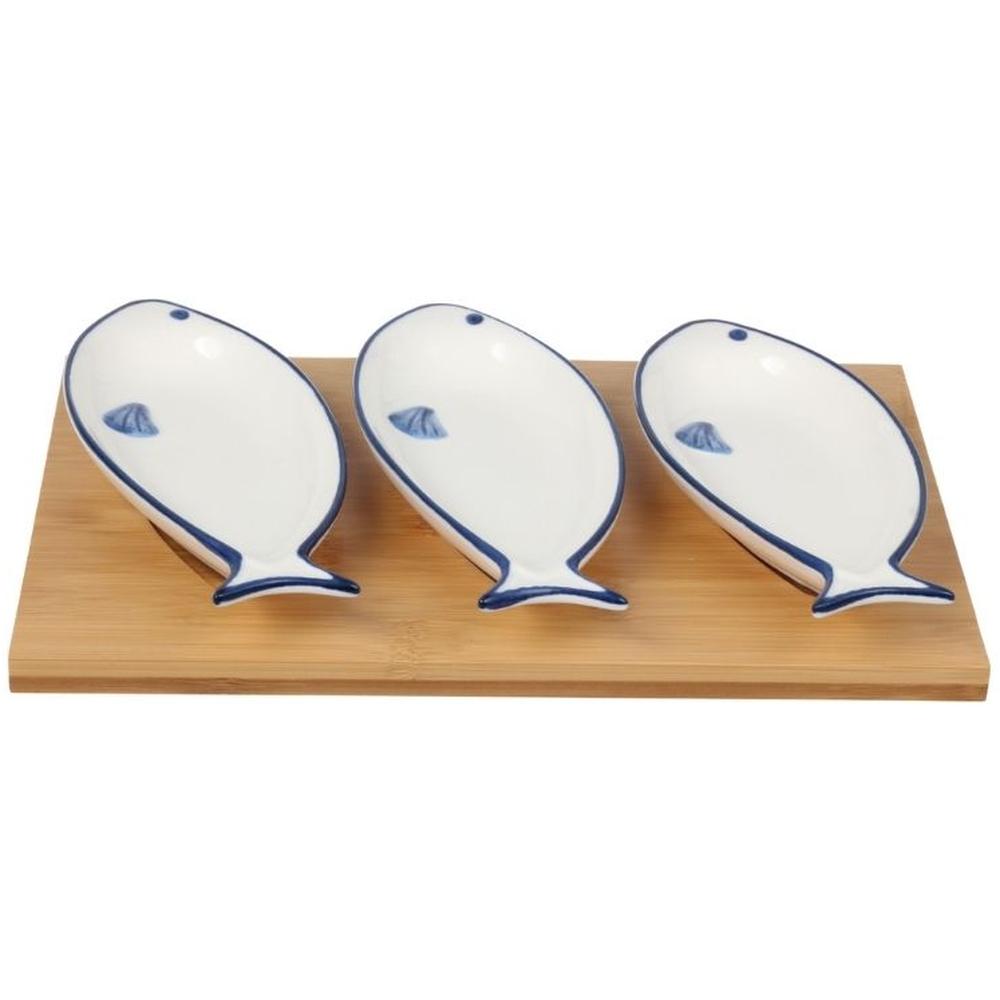 [716997] Coupelle en Porcelaine Poisson avec Support en Bois Kasa 4Pièces