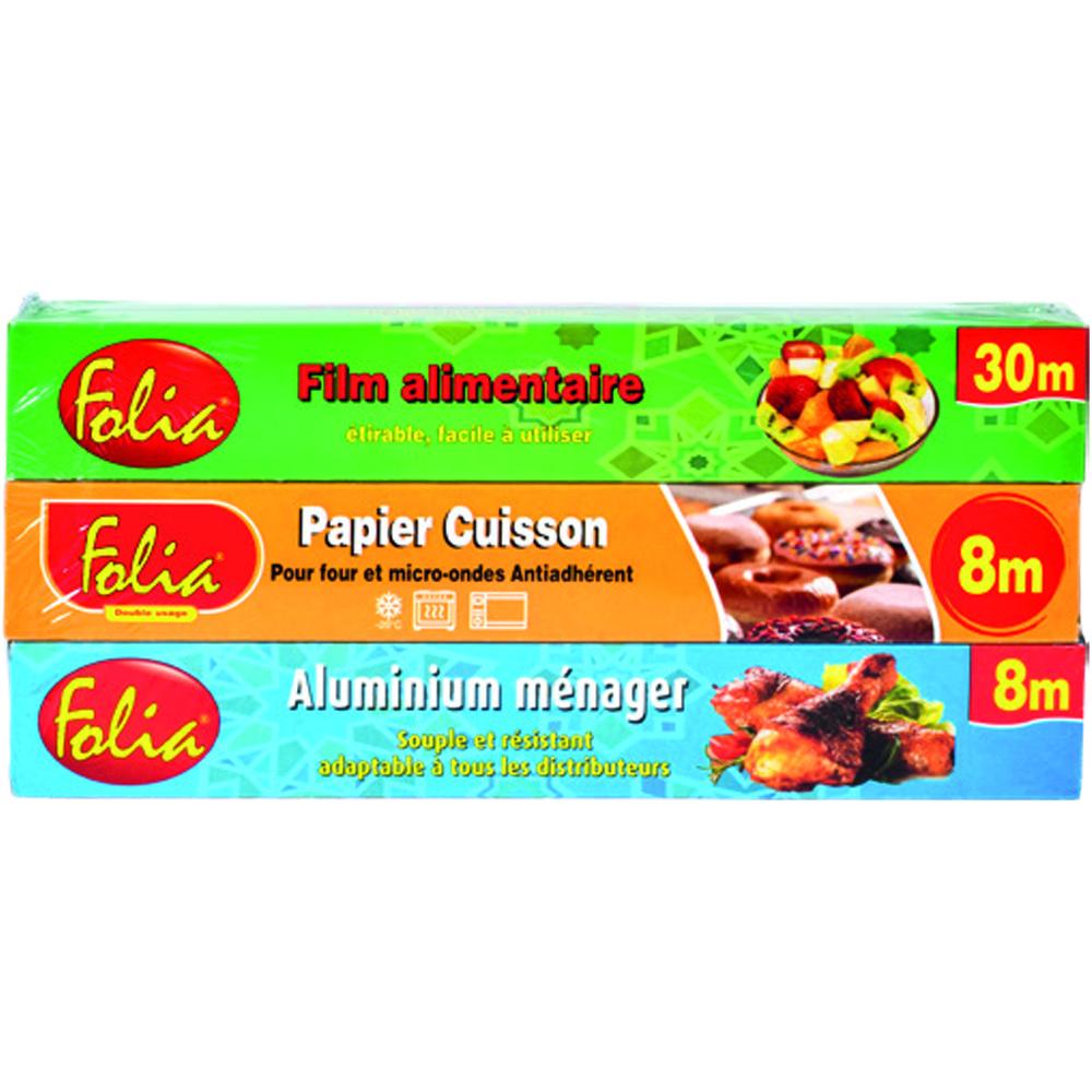 [723404] Lot Papier Cuisson Folia 8m + Rouleau Aluminium 8m + Film Alimentaire 30m