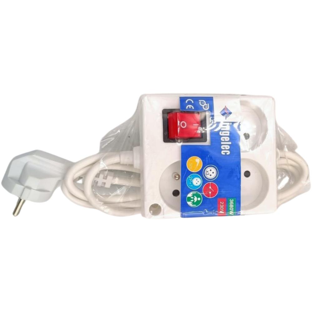 [408539] Bloc Multiprises Blanc Carré avec Interrupteur Ingelec 2P+T 3 prises 1,5m.