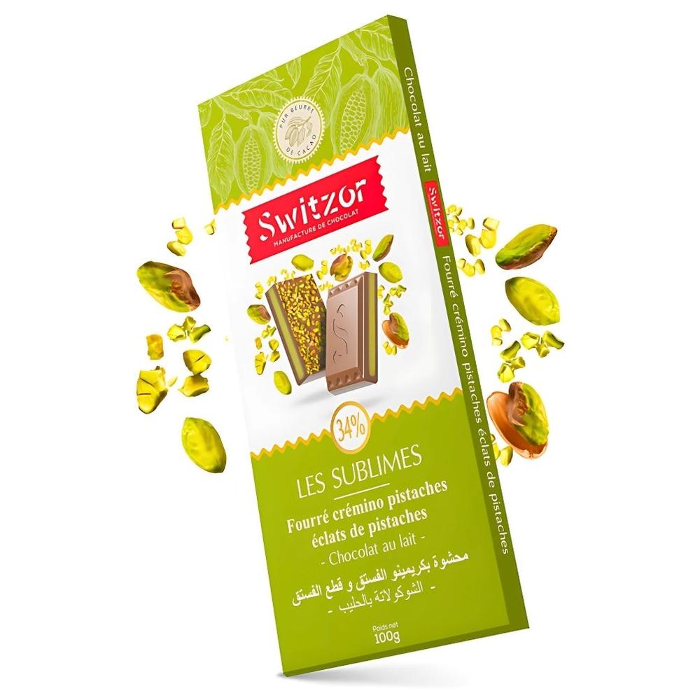[731972] Tablette Chocolat Au Lait 34% Pistache Switzor 100g