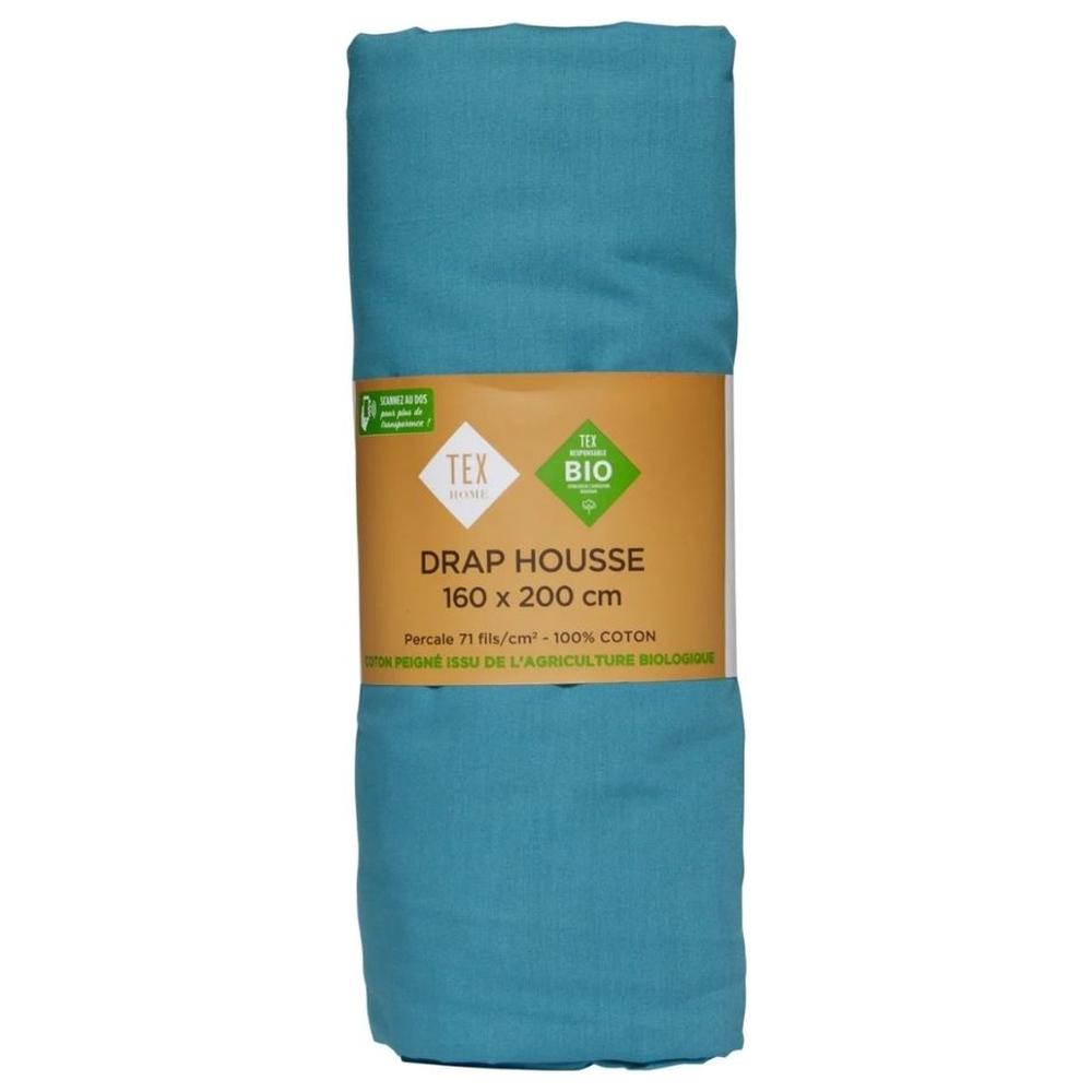 Drap Housse Bleu Percale 100% Coton Bio Tex Home 160 x 200 cm