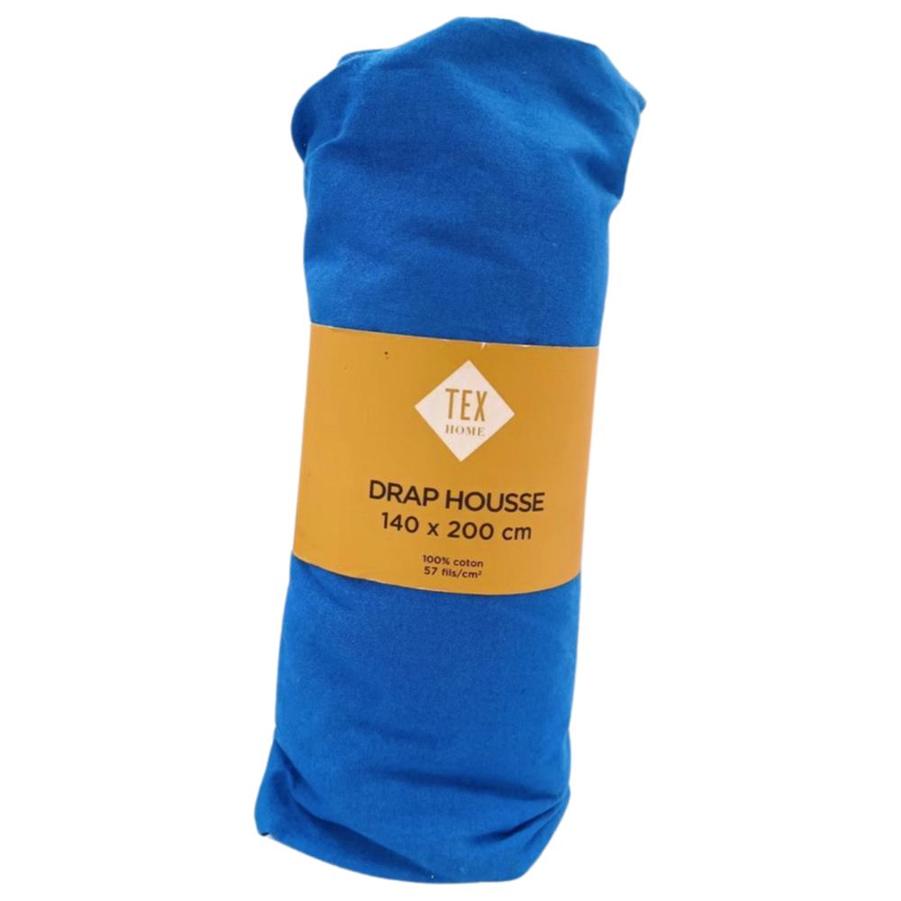 Drap Housse Bleu 100% Coton Tex Home 140x200cm