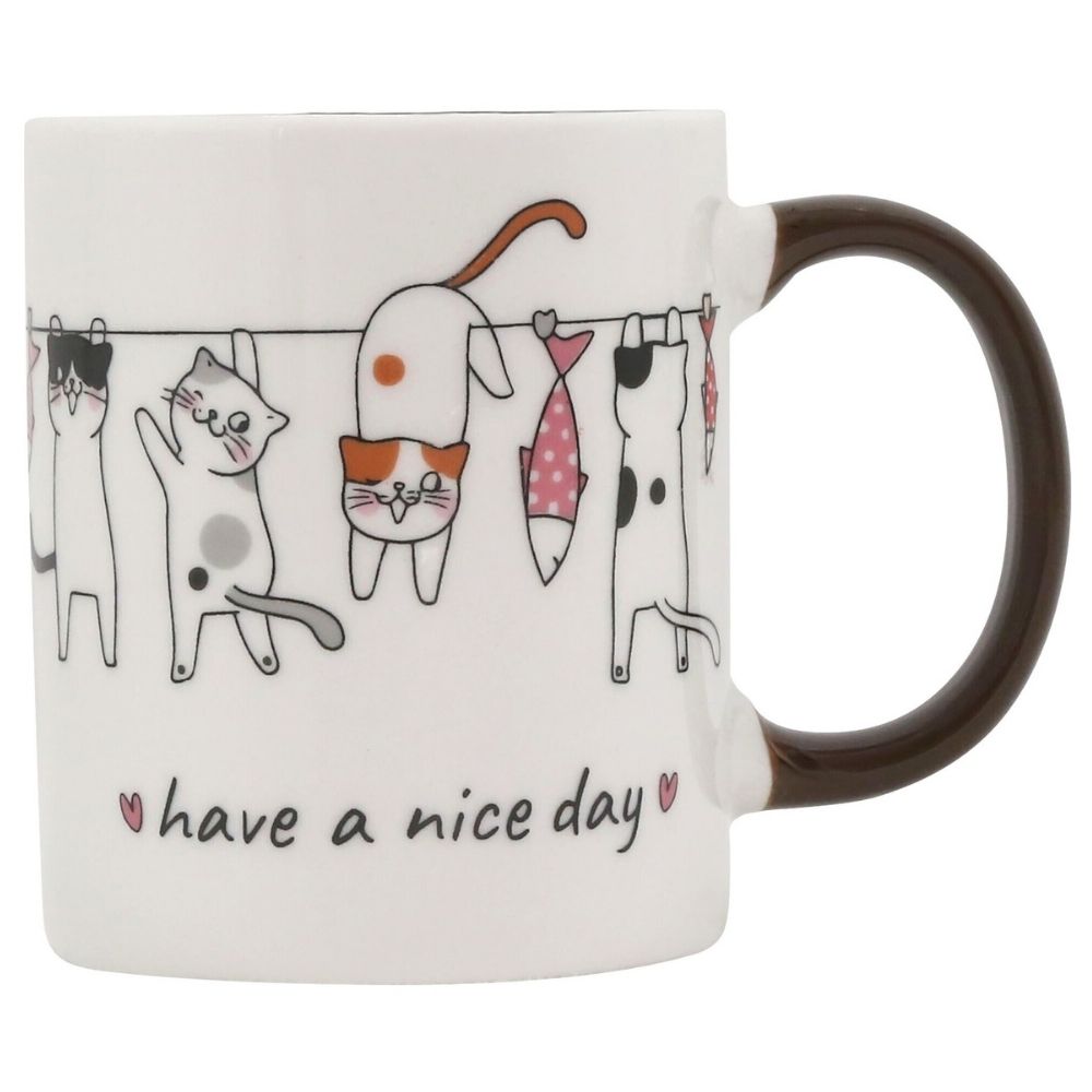 Mug Kasa en Porcelaine Blanche Chat Manche Marron 31cl