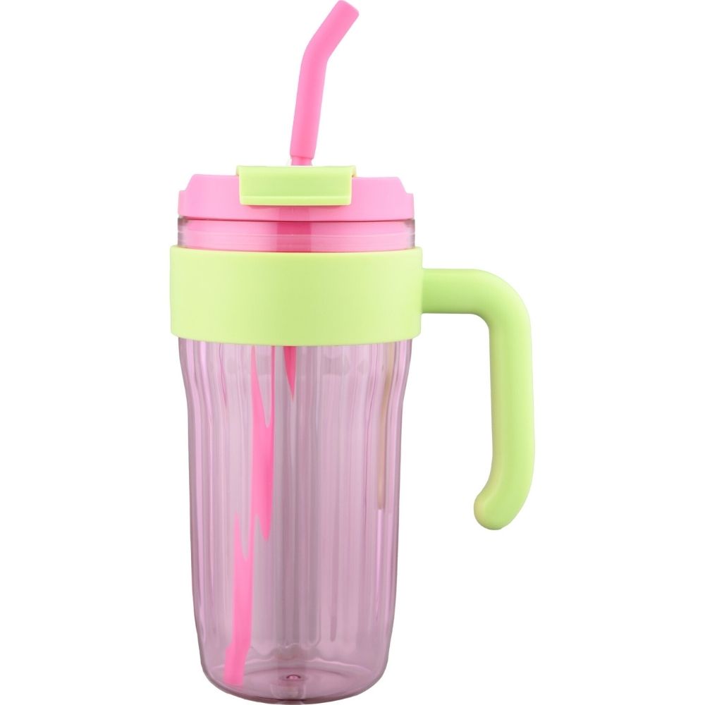 [732078] Mug Plastique Rose Vert avec Paille Kasa 85cl