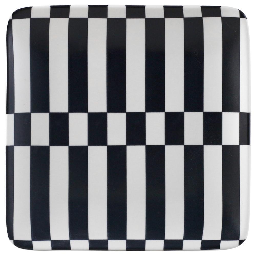[711126] Assiette Plate Porcelaine Carre Rayee Noir Graph Kasa 18x18cm