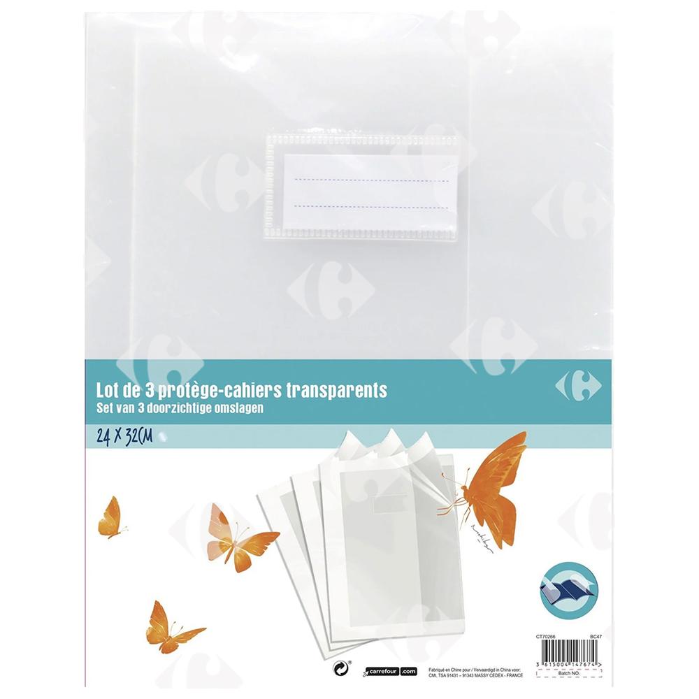 [616282] Protège-cahier Incolore Carrefour 24x32cm 3 unités