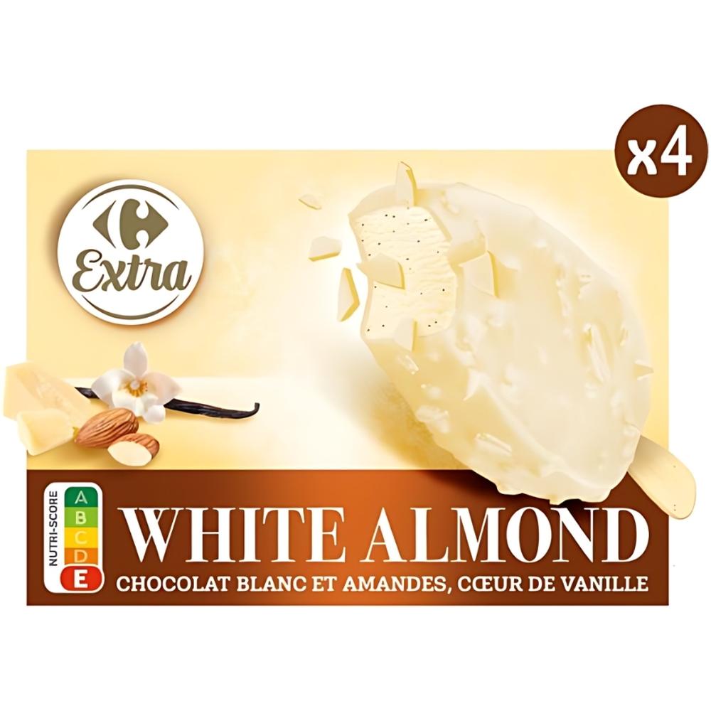 [699167] Bâtonnets Glace Chocolat Blanc Amandes Carrefour 4 unités 314g