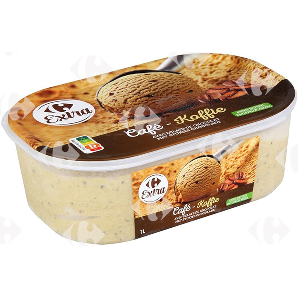 Crème Glacée Café avec des Morceaux de Chocolat en bac Carrefour 1L
